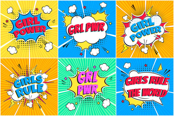 6 Comic Lettering GRL PWR, GIRL POWER, GIRLS RULE Set In The Speech Bubbles Comic Style Flat Design. Концепция восклицательного восклицания Стиль комиксов Стиль поп-арта Фраза голоса, изолированная на фоне лучей
.