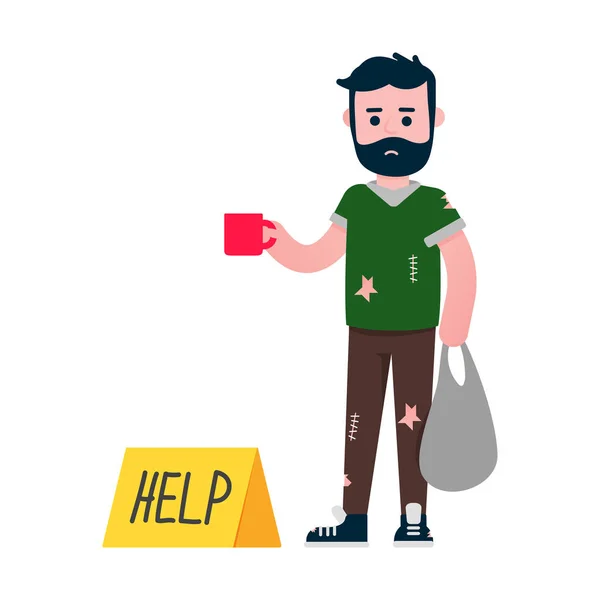 Homeless man standing up with the cup and ask some money with text sign help near him. Poor people help concept flat style design vector illustration isolated on white background.