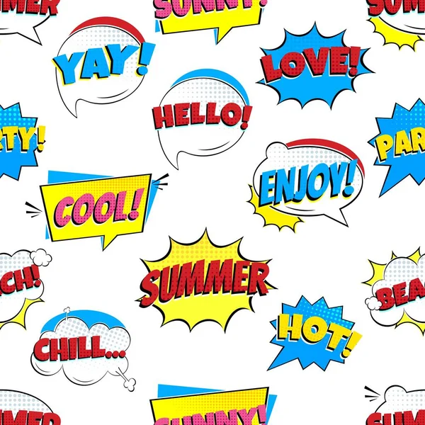 Seamless Comic Lettering Summer Speech Bubbles Patrón Diseño Plano Estilo — Vector de stock