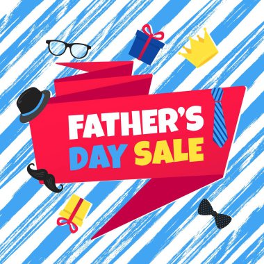 Babalar günü satış konsepti şablonu düz stil tasarım vektör illüstrasyon büyük kurdele, metin tipografi, hediye kutuları, şapka, altın taç, bıyık, kravat bowm gözlük ve komik arka plan ile.