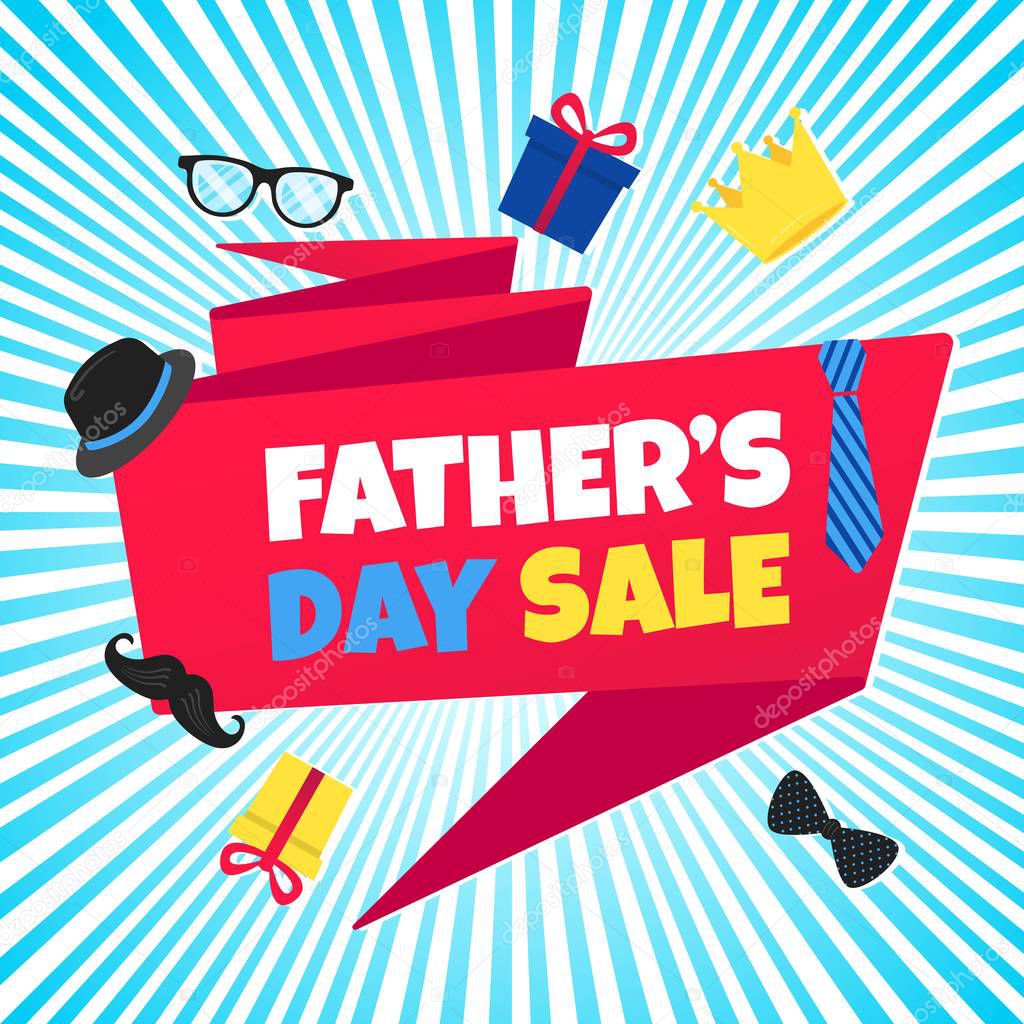 Father's day sale concept template flat style design vector illustration with big ribbon, text typography, gift boxes, hat, golden crown, mustaches, tie bowm eye glasses and funny background.