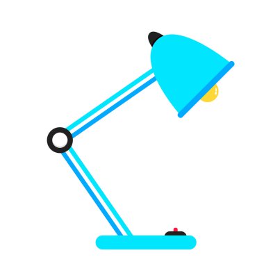 Ofis beyaz arka planda izole işareti lamba simge stil tasarlamak vektör. Açık mavi lamba ile ampul ve kırmızı düğme çelik yapılmış.