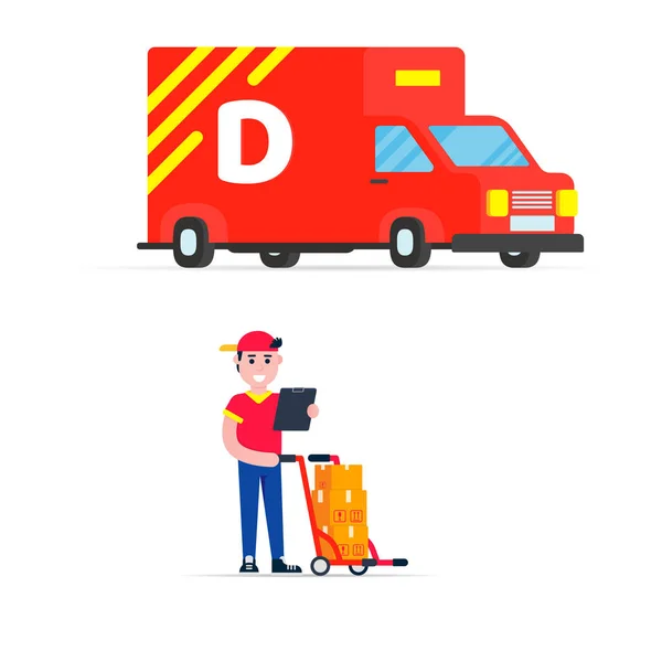 Fast red delivery vehicle car van and man character with clipboard and trolley and boxes on it flat style design vector illustration isolated on white background.  Symbol of delivery company set.