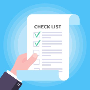 Açık mavi arka plan vektör illüstrasyon izole kontrol listesi talep formu ile kağıt el tutun sayfası, metin, işaretişaretle v ve çapraz x düz stil tasarımı.