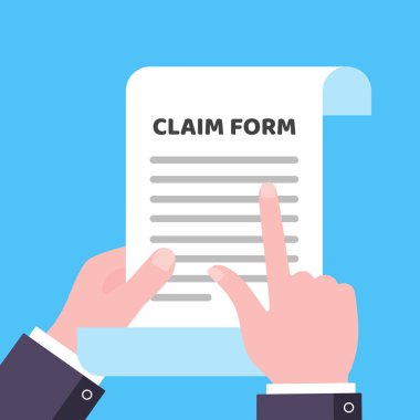 Doldurmak için talep formu ile kağıt el tutma sayfası ve işaretçi parmak açık mavi arka plan vektör illüstrasyon izole düz stil tasarımı üzerinde metin kontrol.