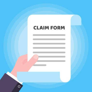 Doldurmak için talep formu ile kağıt el tutma sayfası, açık mavi arka plan vektör illüstrasyon izole düz stil tasarımı üzerinde metin.