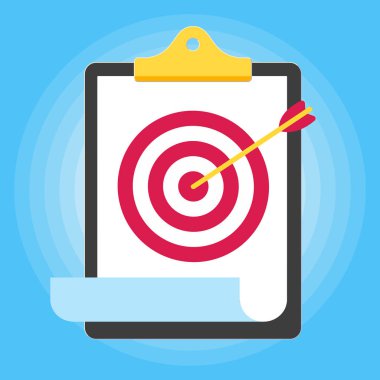 Pano ve kağıt levha üzerinde hedef sembolü ile düz stil tasarım vektör illüstrasyon açık mavi arka plan üzerinde izole. İş hayatında başarılar kavramı.