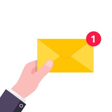 El üzerinde 1 numara olan sarı zarf harfi tutun. E-posta kavramı yeni mesaj veya sms düz stil tasarım vektör illüstrasyon beyaz arka plan üzerinde izole. Mesaj veya sms teslim ivecetti ve bildirim.