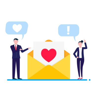 Zarf ın yakınında konuşan insanlar aşk mesajı düz stil tasarım vektör illüstrasyon. Mutlu Sevgililer günü aşk tutkusu Beyaz arka plan üzerinde Izole. 