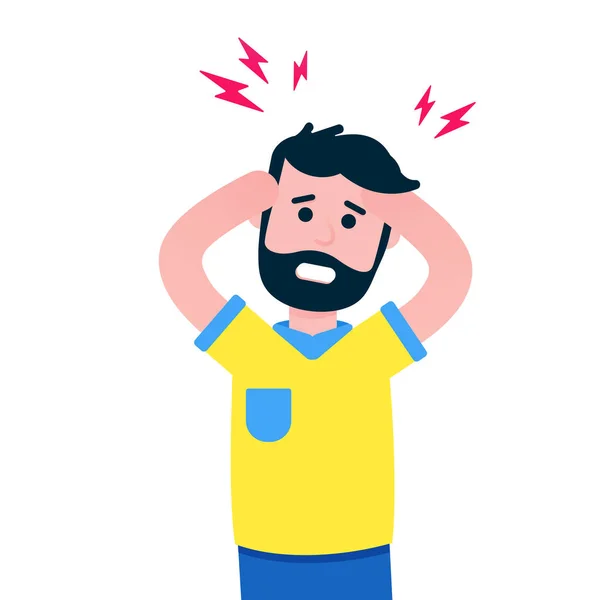 白种男性男子抱着他的头与头痛疼痛平的风格设计载体插图隔离在白色背景 疼痛或头痛概念符号 — 图库矢量图片