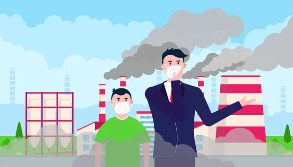 Homem Rapaz Confusos Usar Massk Contra Smog Poeira Fina Poluição — Vetor de Stock