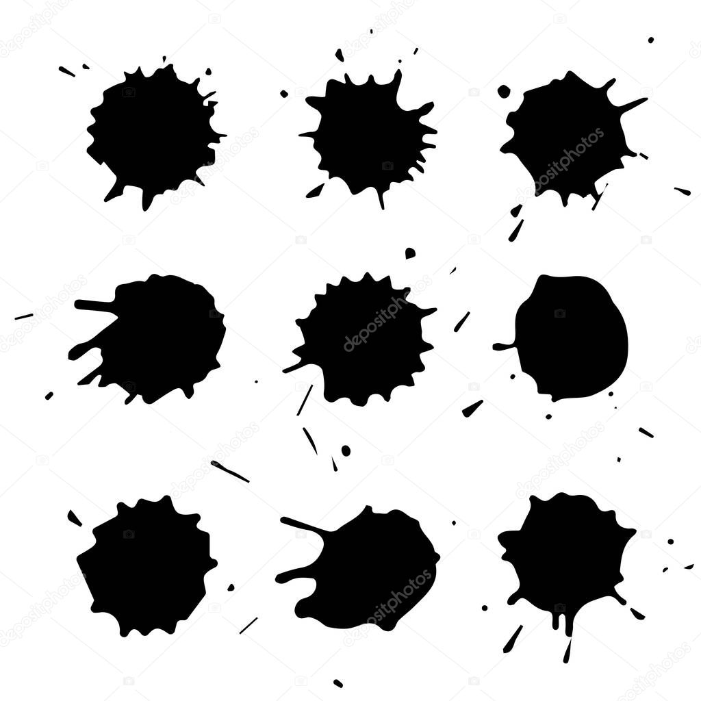 Dirty art hand drawn grunge blots set isolated on white background. Ink stains for abstract backgrounds and textures.