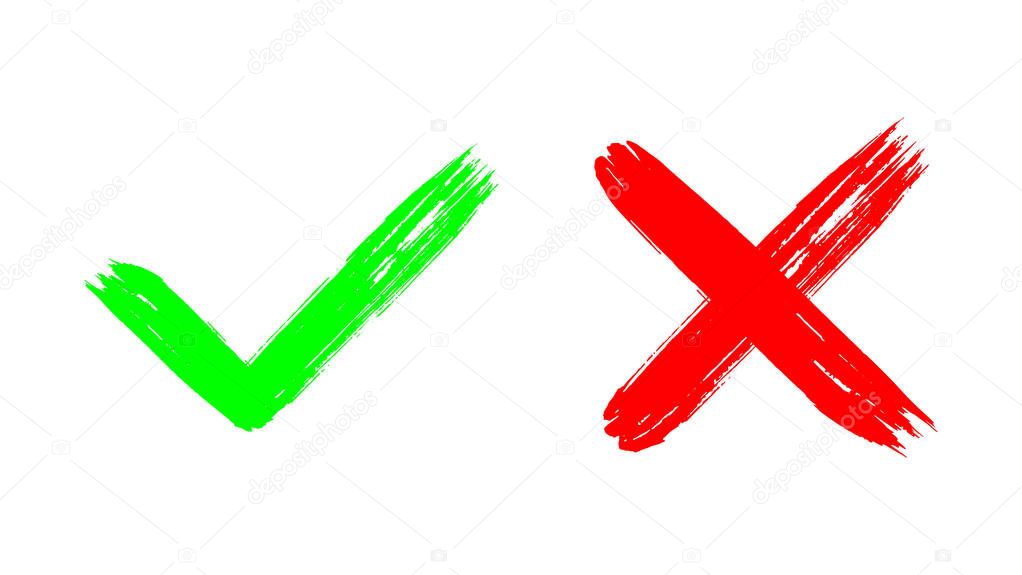 Two dirty grunge hand drawn with brush strokes cross x and tick OK check marks vector illustration isolated on white background. Check mark symbol NO and YES buttons for vote in check box, web, etc. 
