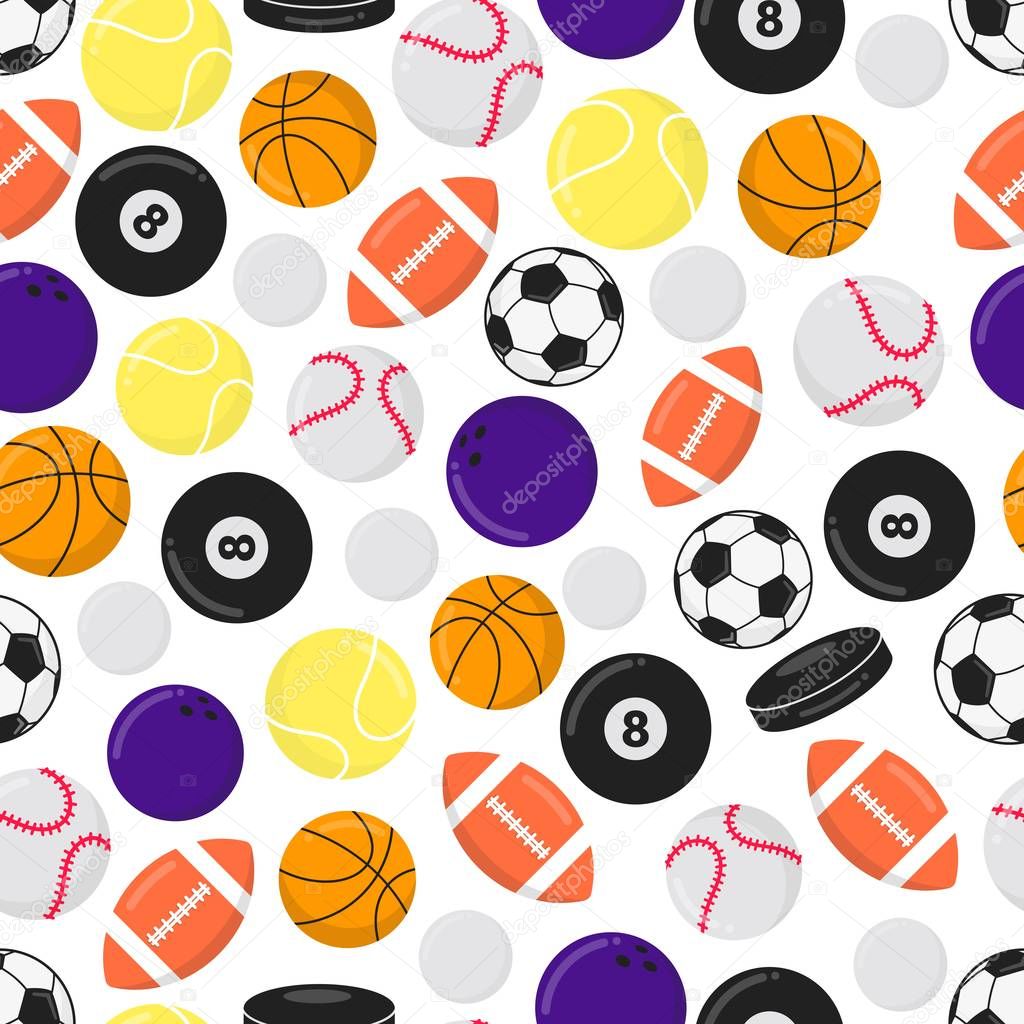 Sport games balls flat style design vector illustration set isolated on white background. Soccer, ping pong, basketball, tennis, football, billiards, bowling, puck, baseball - symbols of sport games.