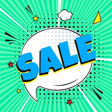 Satılık yazı komik! konuşma balonu çizgi roman tarzı düz tasarım içinde. Dinamik retro vintage pop sanat illüstrasyon izole ışınları arka plan üzerinde. Ünlem Satılık! Etiket veya etiket için depo veya dükkan.