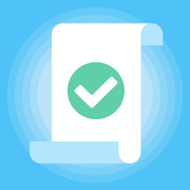 Talep formu ile belge kağıt sayfa sayfası, onay işareti Tick, metin simgesi işareti vektör illüstrasyon. Belge onayı, teslimat, doğrulama düz tasarım kavramı mavi arka planda izole sembolü.