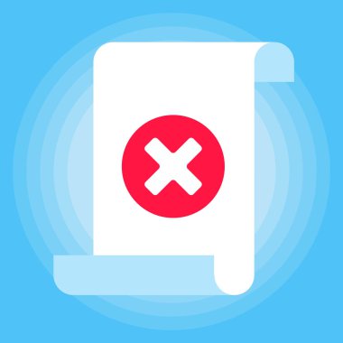 Talep formu, onay işareti çapraz, metin simgesi işareti vektör illüstrasyon ile belge kağıt sayfası. Belge onayı, teslimat, mavi arka plan üzerinde izole doğrulama düz tasarım kavramı sembolü