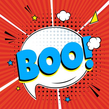 Komik yazı Boo konuşma Bubbles komik stil düz tasarım. Dinamik pop sanat vektör Illustration Rays arka plan üzerinde Izole. Çizgi roman stil Pop Art ses cümle ünlem kavramı.