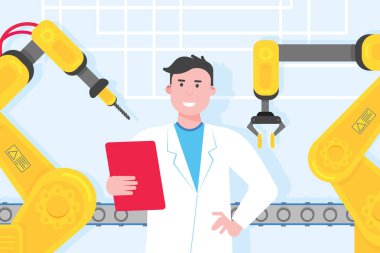 Akıllı sanayi 4.0 ve teknoloji montaj hattı düz stil tasarım vektör illüstrasyon kavramı. Üretim konveyör bant ve operatör üretim hattı robot kollar, karton kutular ve otomatik hat