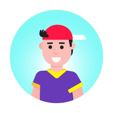 Sosyal medya avatar adam simgesi daire düz stil tasarım sosyal semboller hedef, konuşma kabarcık hashtag, megafon, göz, ampul ile çevrili beyaz arka plan izole.