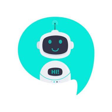 Beyaz arka plan üzerinde izole konuşma balonu düz stil tasarım vektör illüstrasyon robot chatbot simgesi işareti. Sevimli Ai bot yardımcı maskot karakter kavramı sembol iş asistanı.