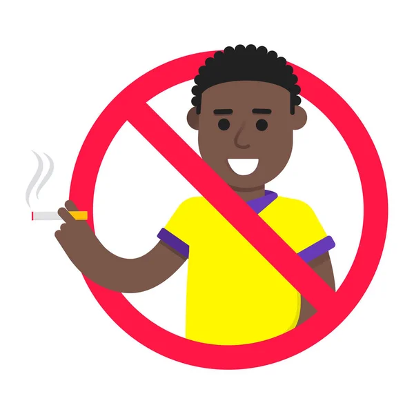No smoking  sign with standing male boy. Forbidden sign icon isolated on white background vector illustration. Boy smokes cigarette, red prohobition circle isolated on white background.