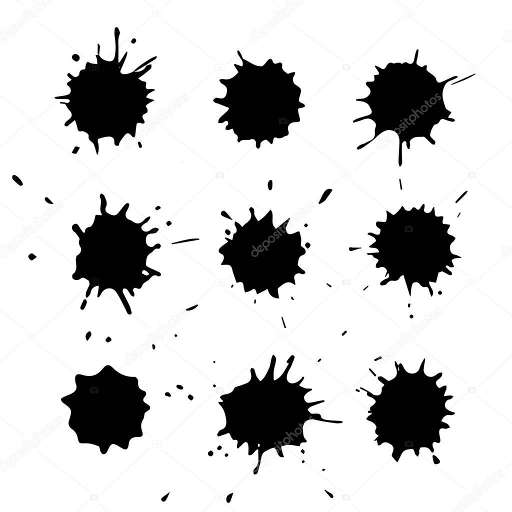 Dirty art hand drawn grunge blots set isolated on white background. Ink stains for abstract backgrounds and textures.