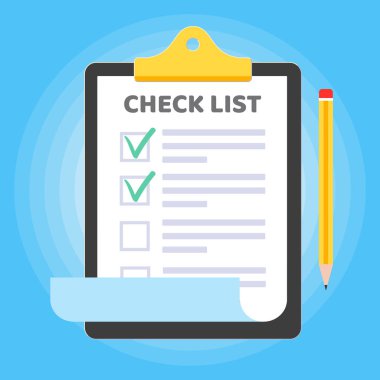 Pano ile üzerinde liste talep formu yapılacak, kağıt levhalar, kontrol işaretleri onay listesinde onay kutusunda Tamam onay onay, kalem açık mavi arka plan düz stil vektör illüstrasyon izole