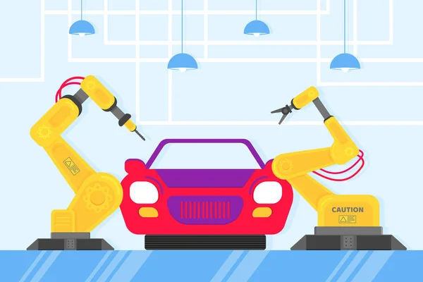 Smart Industry 4.0 And Technology Assembly Line Flat Style Design Vector Illustration Concept. Production Conveyor Belt And Car Production Line With Robot Arms And Automated Line