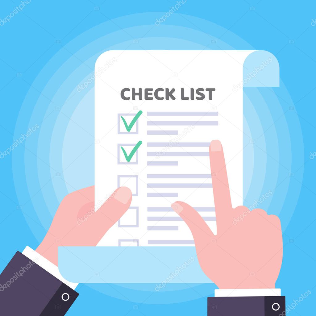 Hand hold page of paper  and pointer finger check the text with checklist claim form to fill out, text, check marks tick v flat style design vector illustration isolated on light blue background.