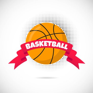 Basketbol yuvarlak top simgesi işareti, büyük kırmızı kurdele ve metin alanı ve beyaz arka plan üzerinde izole noktalı halftone ile Turuncu basketbol topu düz stil tasarım ekipmanları poster vektör illüstrasyon.