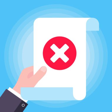 El talep formu ile kağıt sayfa tutun, işaret çapraz x simge işareti vektör illüstrasyon. Belge onayı, teslimat, mavi arka plan üzerinde izole doğrulama düz tasarım kavramı sembolü.