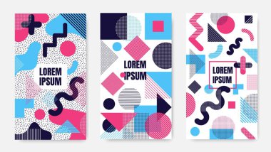 3 Beyaz arka plan seti izole renkli canlı renklerde trendy Memphis moda stili 80s-90s şablonu ile geometrik çizgi şekilleri desen ile geometrik dikey arka plan.