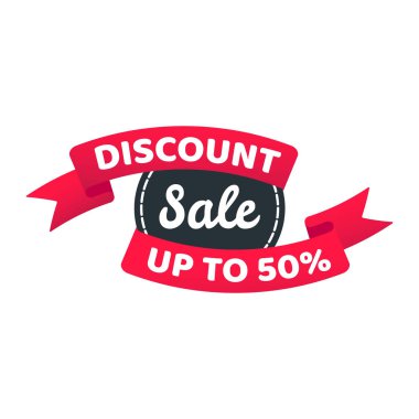 Beyaz arka planda yalıtılmış şerit rozeti satış etiketi kavram şablonu vektör illüstrasyonunda %50'ye varan indirim indirimi. Web ve reklam için web afiş öğeleri. İndirim şerit etiket tasarımı.