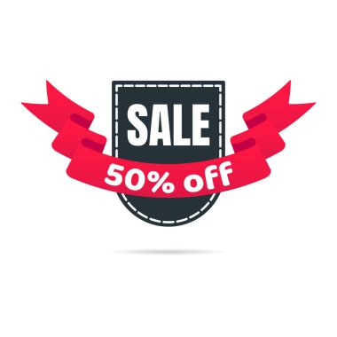 Beyaz arka planda yalıtılmış %50'ye kadar kalkan etiketi rozeti satış etiketi kavram şablonu vektör illüstrasyonu. Web ve reklam için web afiş öğeleri. İndirim şerit etiket tasarımı.