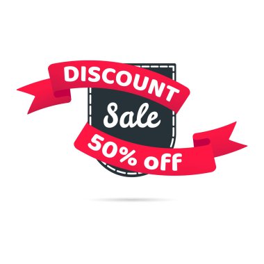 İndirim satış kadar 50% kalkan etiketi şerit rozeti satış etiketi kavram şablonu vektör illüstrasyon beyaz arka plan üzerinde izole. Web sitesi ve reklam için Banner öğeleri. İndirim şerit etiket tasarımı