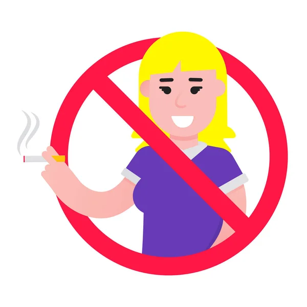 No smoking  sign with standing female woman. Forbidden sign icon isolated on white background vector illustration. Girl smokes cigarette, red prohobition circle isolated on white background.
