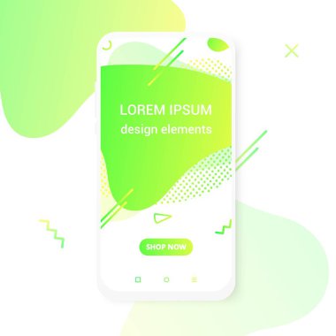 Modern dikey mobil sıvı soyut şekil degrade Memphis tarzı tasarım akışkan vektör renkli illüstrasyon Banner basit grafik uygulama, sunum, satış, beyaz arka planda izole broşür.