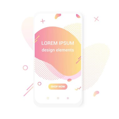 Modern dikey mobil sıvı soyut şekil degrade Memphis tarzı tasarım akışkan vektör renkli illüstrasyon Banner basit grafik uygulama, sunum, satış, beyaz arka planda izole broşür.