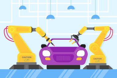 Smart Industry 4.0 ve Teknoloji Montaj Hattı Düz Stil Tasarım Vektör İllüstrasyon Kavramı. Robot Kolları ve Otomatik Hat ile Üretim Konveyör Bant ve Araç Üretim Hattı