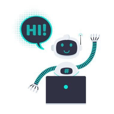 Robot chatbot simgesi beyaz arka plan üzerinde izole düz stil tasarım vektör illüstrasyon işareti. Sevimli Ai bot yardımcı maskot karakter kavramı sembol iş asistanı. Sohbet bot dizüstü bilgisayar arkasında merhaba demek!