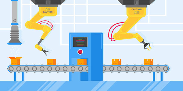 Smart industry 4.0 and technology assembly line flat style design vector illustration concept. Production conveyor belt production line with robot arms, cardboard boxes and automated line