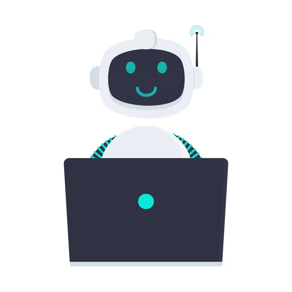 Robot Chatbot Ikona Ilustracja Laptop Miejsce Siedzący Białym Tle Notebook — Wektor stockowy