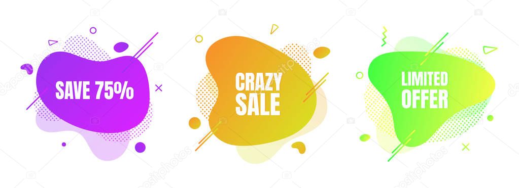 3 modern liquid abstract special offer price sign SAVE 75%, CRAZY SALE, LIMITED OFFER text gradient flat style design fluid vector colorful vector illustration banner simple shape advertising.