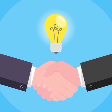 İşadamları el sıkışma düz tarzı tasarım vektör illüstrasyon ampul ile - fikir sembolü. Başarı anlaşma, ortaklık, tebrik, handshake anlaşma parlayan ile mavi arka plan izole.