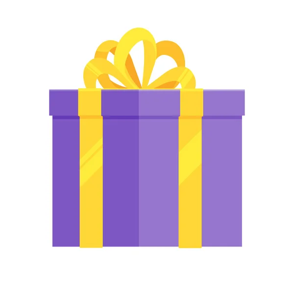 Purple gift box with big ribbon and bow on it flat style design — Stock Vector