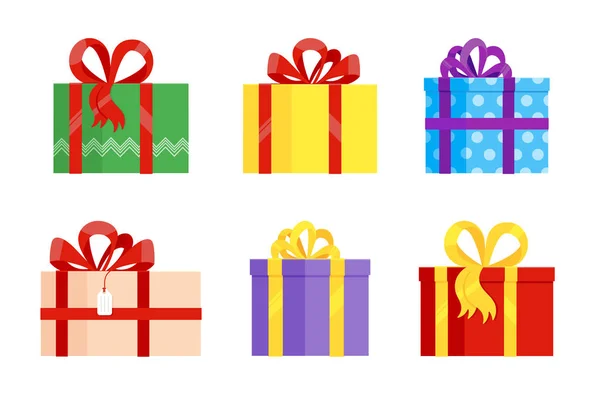 Set of various gift boxes with big ribbon and bow on it flat style design — Stock Vector