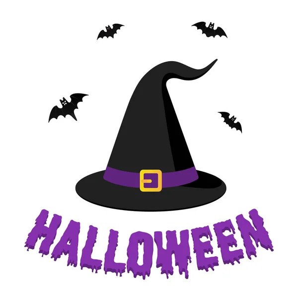 Happy Halloween text postcard banner with big black witch hat — Stock Vector