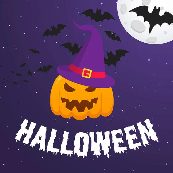 Buon Halloween banner cartolina di testo con viso spaventoso sulla zucca — Vettoriale Stock