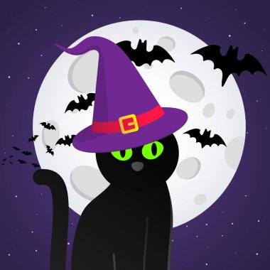 Cadı kedi, şapka, yarasalar, büyük ay ile Mutlu Halloween metin kartpostal afiş